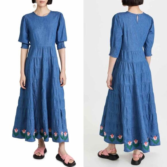 RIXO Kristen Tiered Embroidered Chambray Denim Maxi Dress Size US 6 - Picture 9 of 14